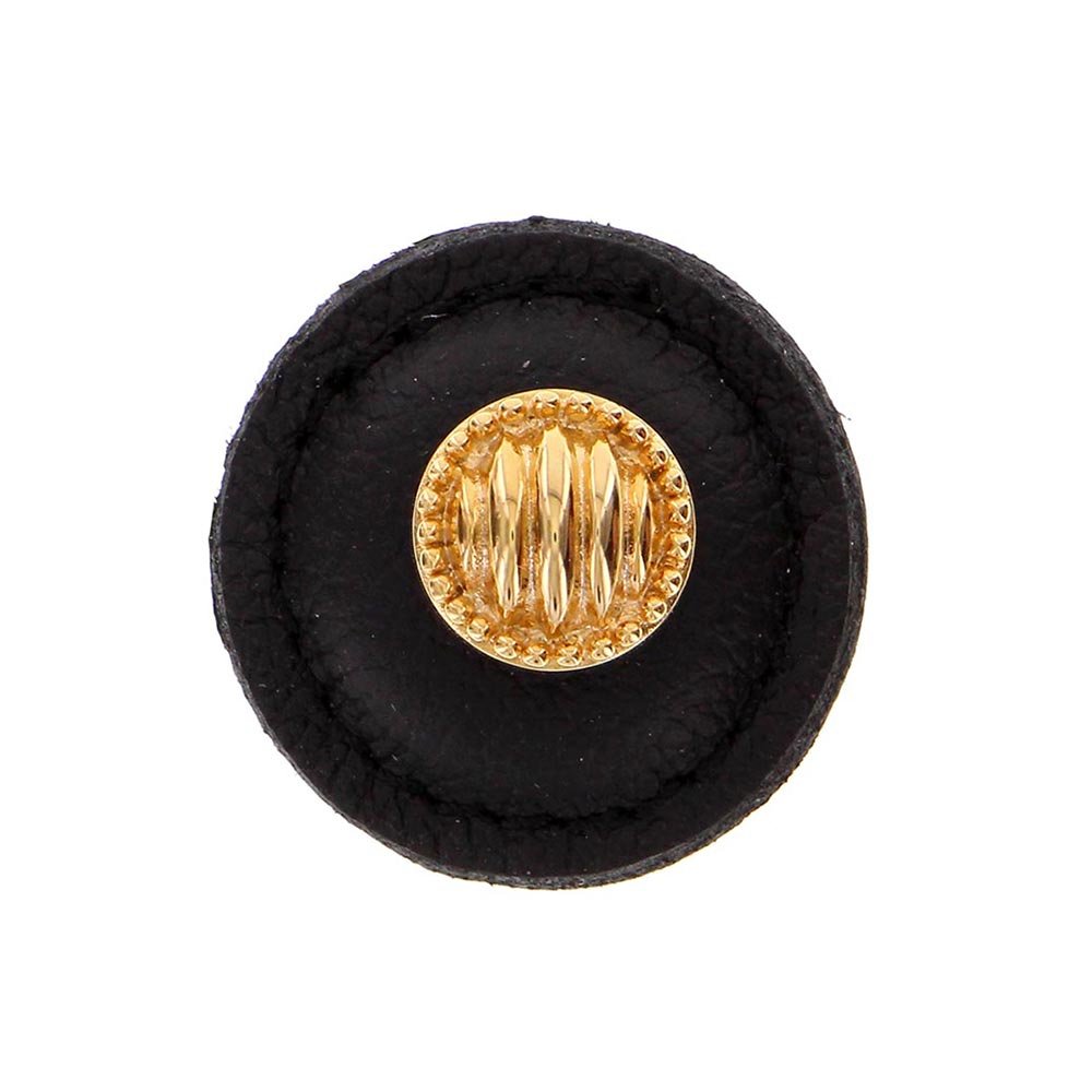 1 1/4" Round Lines and Dots Knob with Leather Insert in Polished Gold with Black Leather Insert