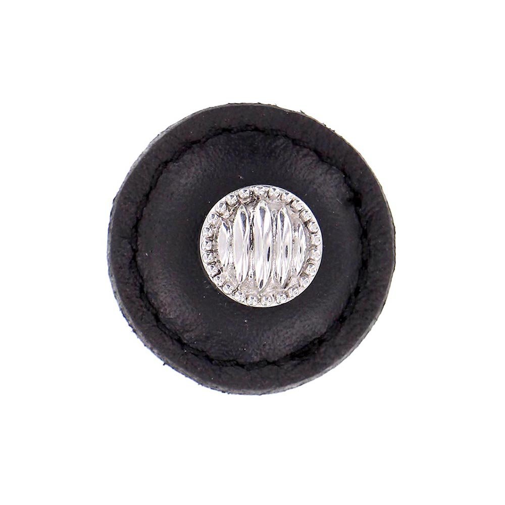 1 1/4" Round Lines and Dots Knob with Leather Insert in Polished Nickel with Black Leather Insert