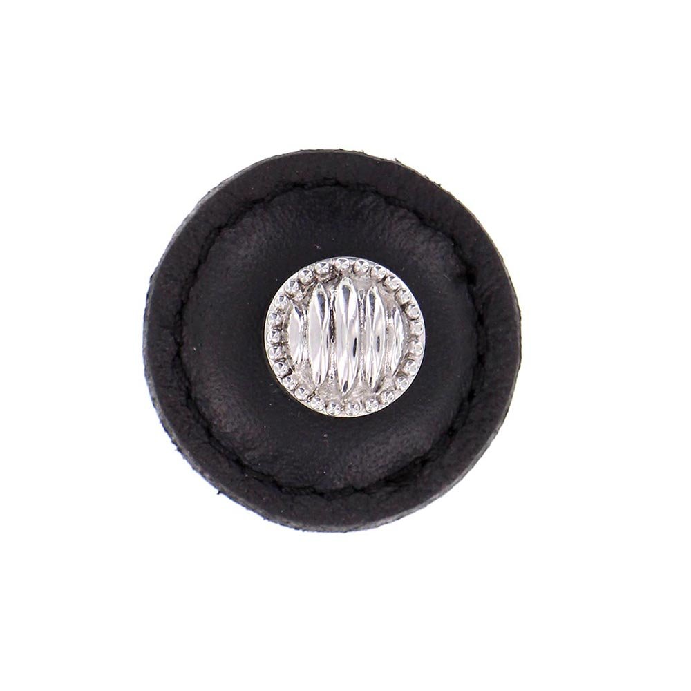 1 1/4" Round Lines and Dots Knob with Leather Insert in Polished Silver with Black Leather Insert