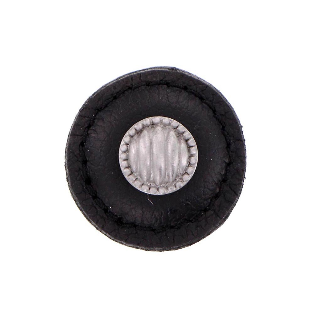 1 1/4" Round Lines and Dots Knob with Leather Insert in Satin Nickel with Black Leather Insert