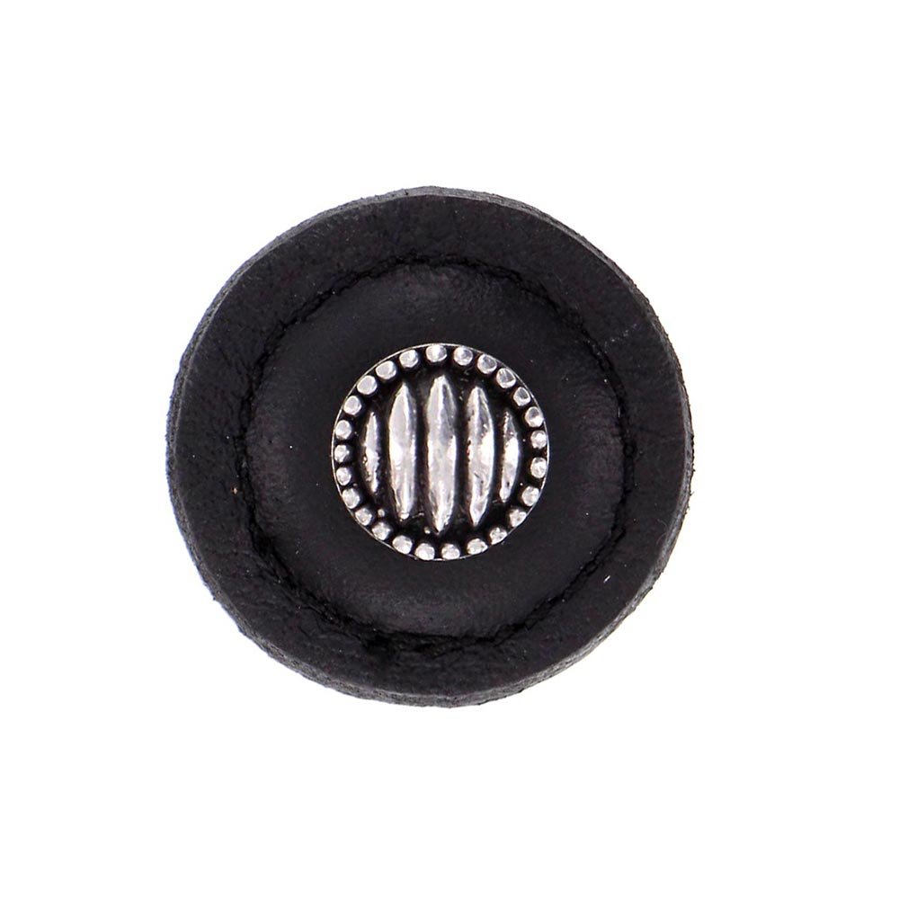 1 1/4" Round Lines and Dots Knob with Leather Insert in Vintage Pewter with Black Leather Insert