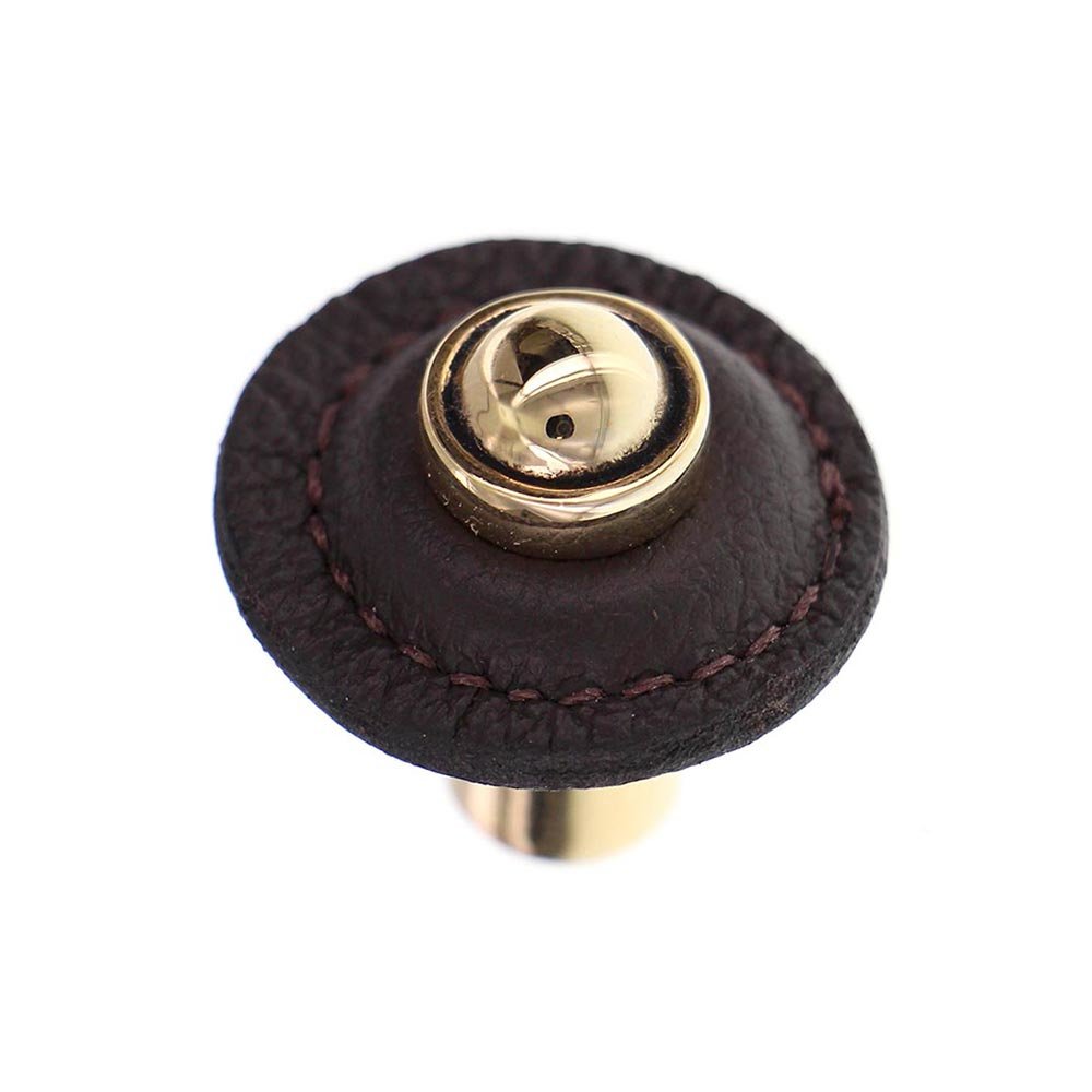 1 1/4" Round Knob with Leather Insert in Antique Gold with Brown Leather Insert