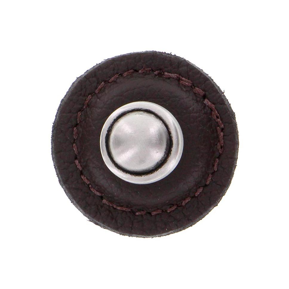 1 1/4" Round Knob with Leather Insert in Antique Nickel with Brown Leather Insert