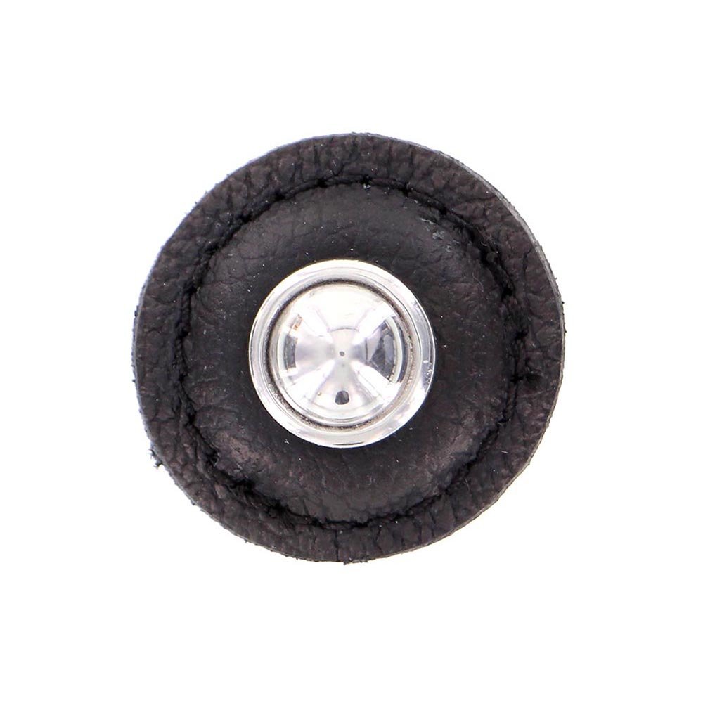 1 1/4" Round Knob with Leather Insert in Polished Silver with Black Leather Insert
