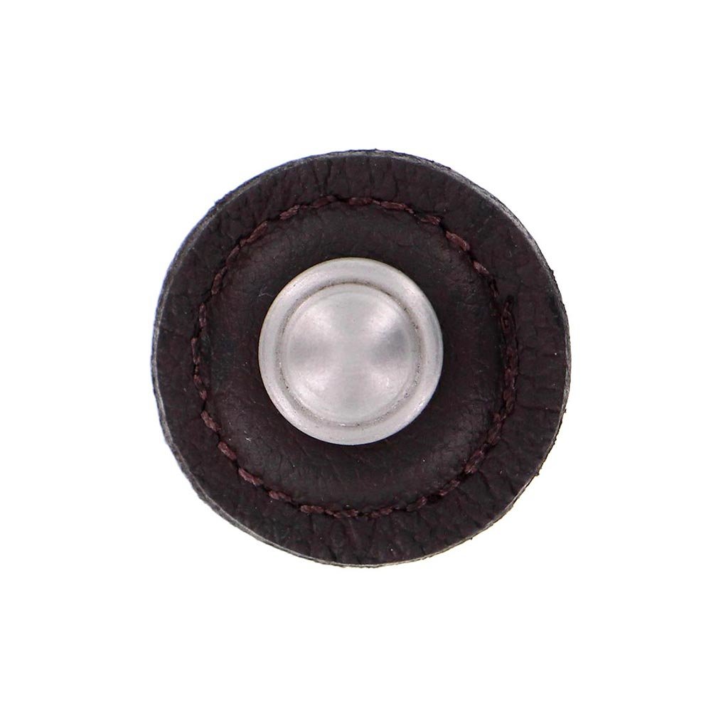 1 1/4" Round Knob with Leather Insert in Satin Nickel with Brown Leather Insert