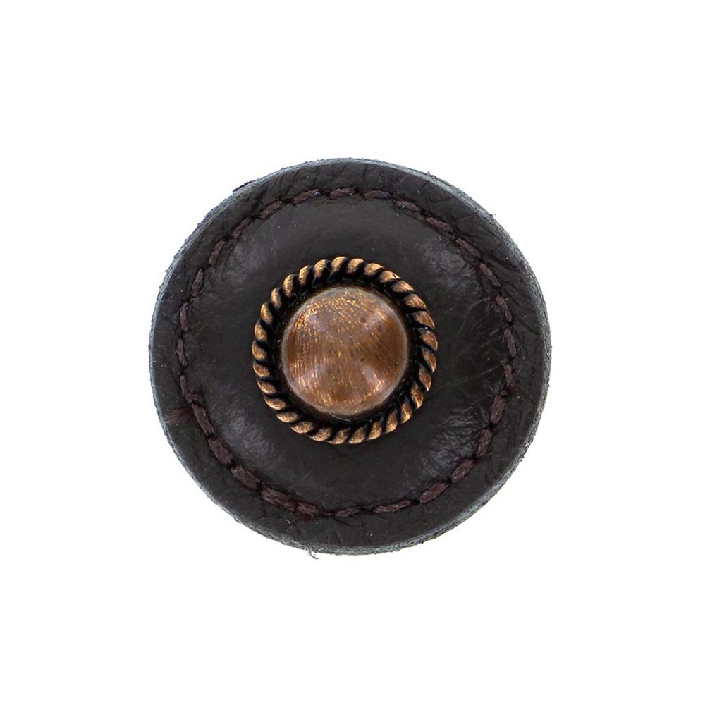 1 1/4" Round Knob with Leather Insert in Antique Copper with Brown Leather Insert