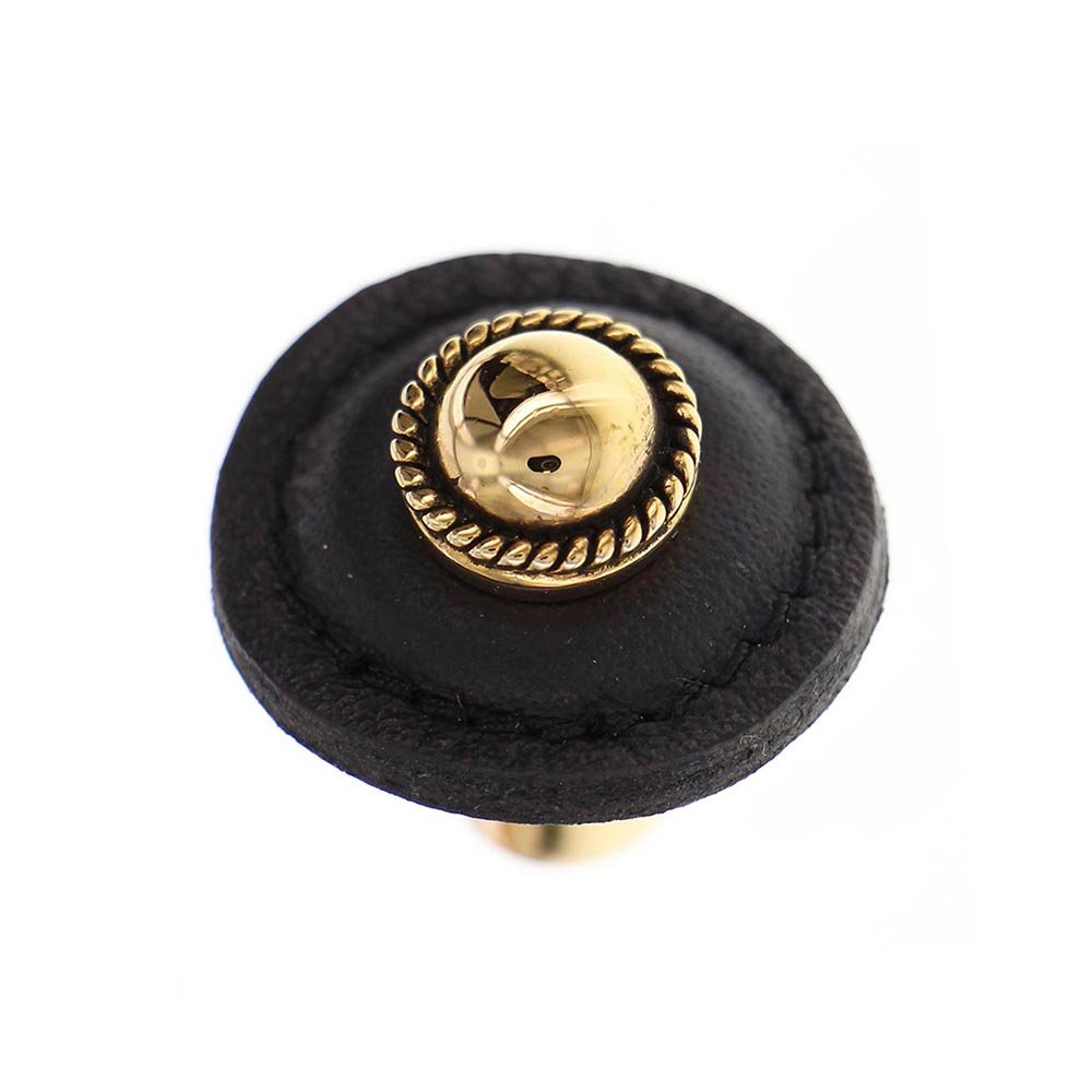 1 1/4" Round Knob with Leather Insert in Antique Gold with Black Leather Insert