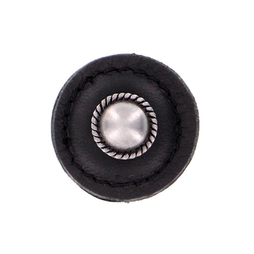 1 1/4" Round Knob with Leather Insert in Antique Nickel with Black Leather Insert