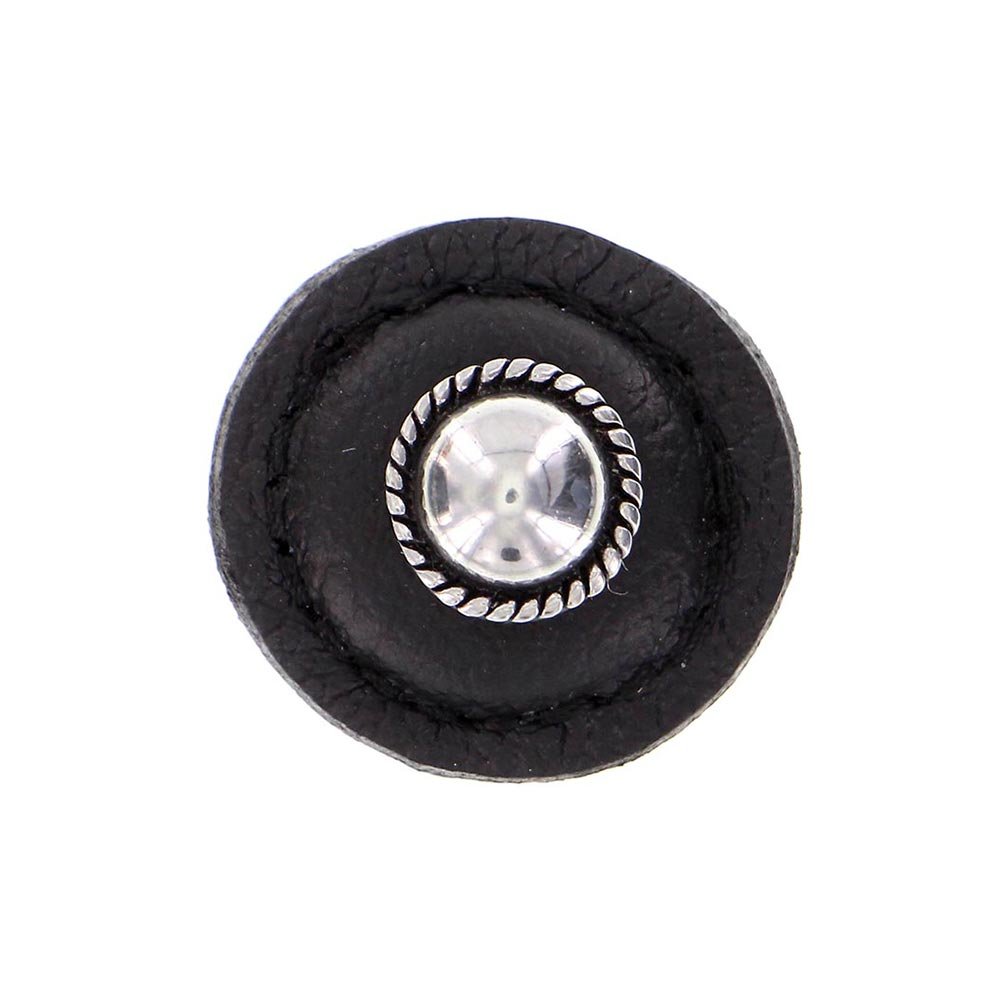 1 1/4" Round Knob with Leather Insert in Antique Silver with Black Leather Insert