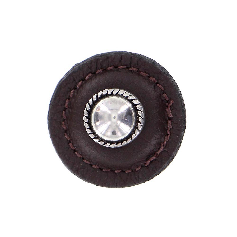 1 1/4" Round Knob with Leather Insert in Antique Silver with Brown Leather Insert