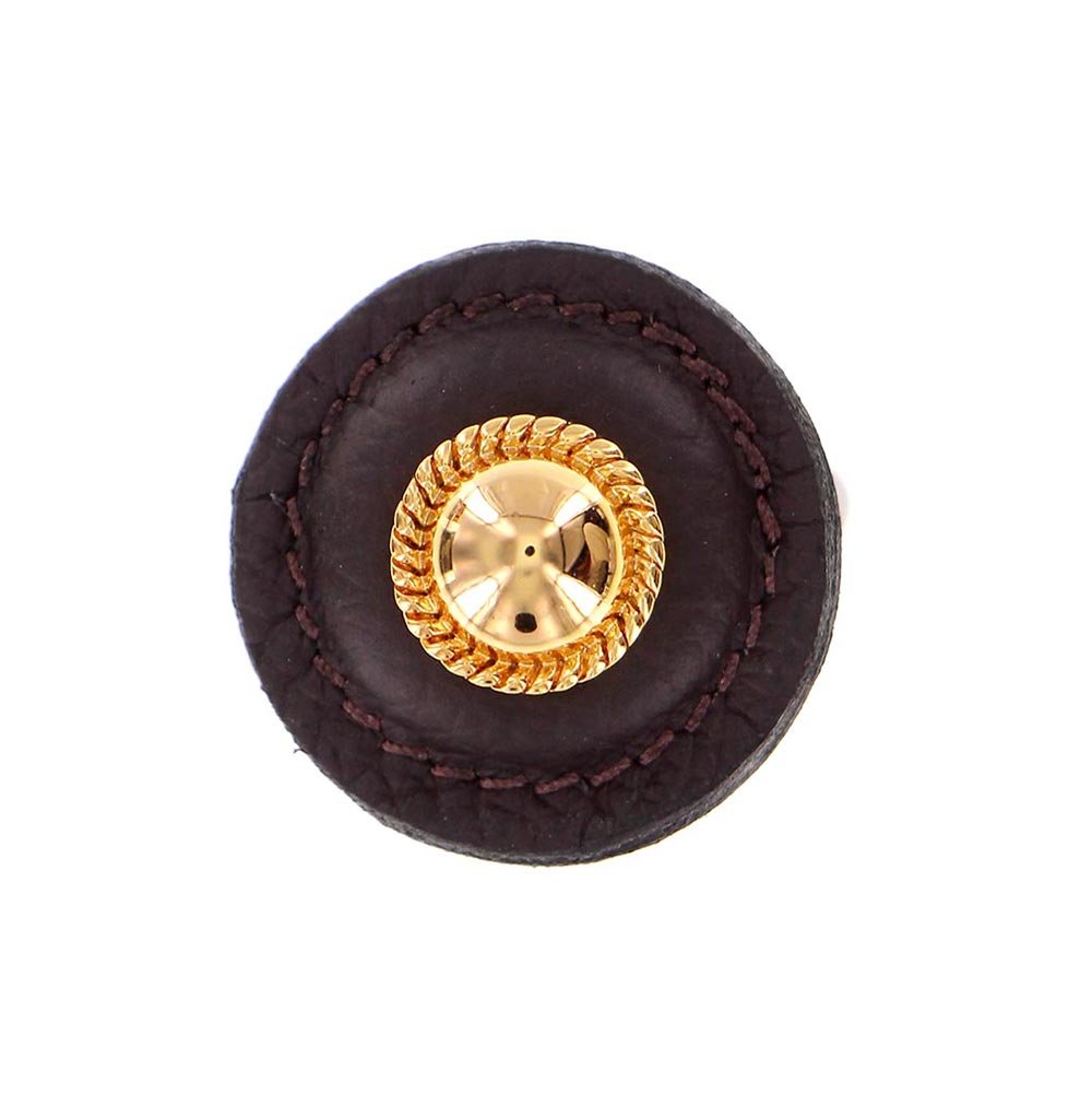 1 1/4" Round Knob with Leather Insert in Polished Gold with Brown Leather Insert