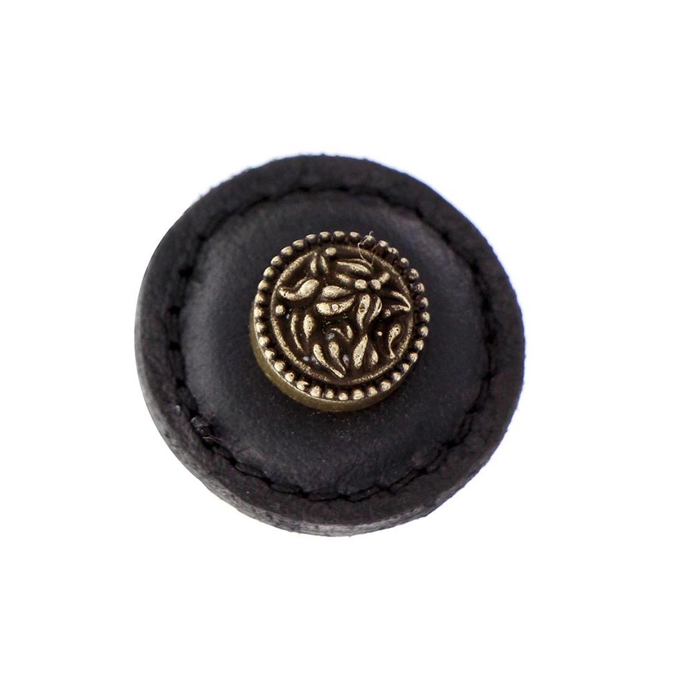 1 1/4" Round Knob with Leather Insert in Antique Brass with Black Leather Insert