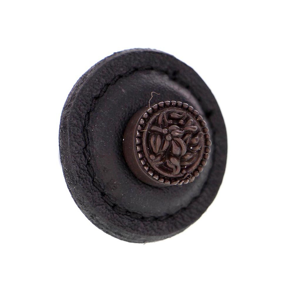 1 1/4" Round Knob with Leather Insert in Oil Rubbed Bronze with Black Leather Insert