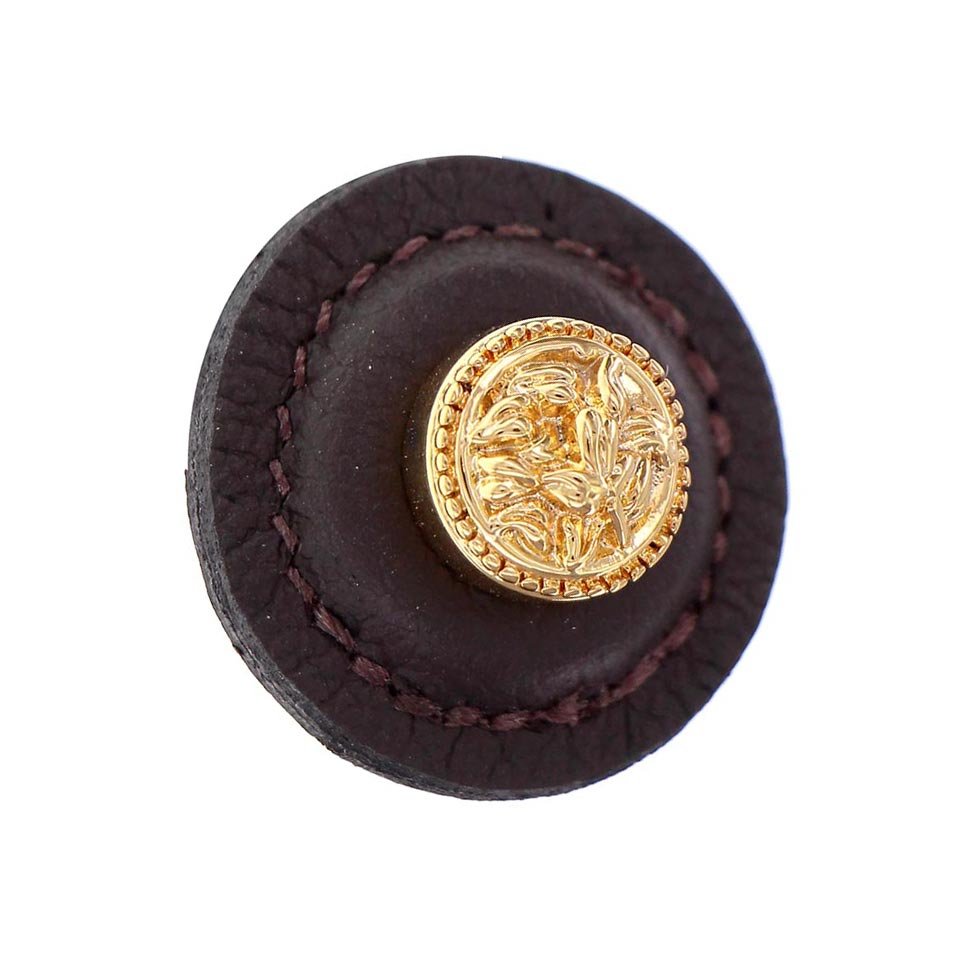 1 1/4" Round Knob with Leather Insert in Polished Gold with Brown Leather Insert