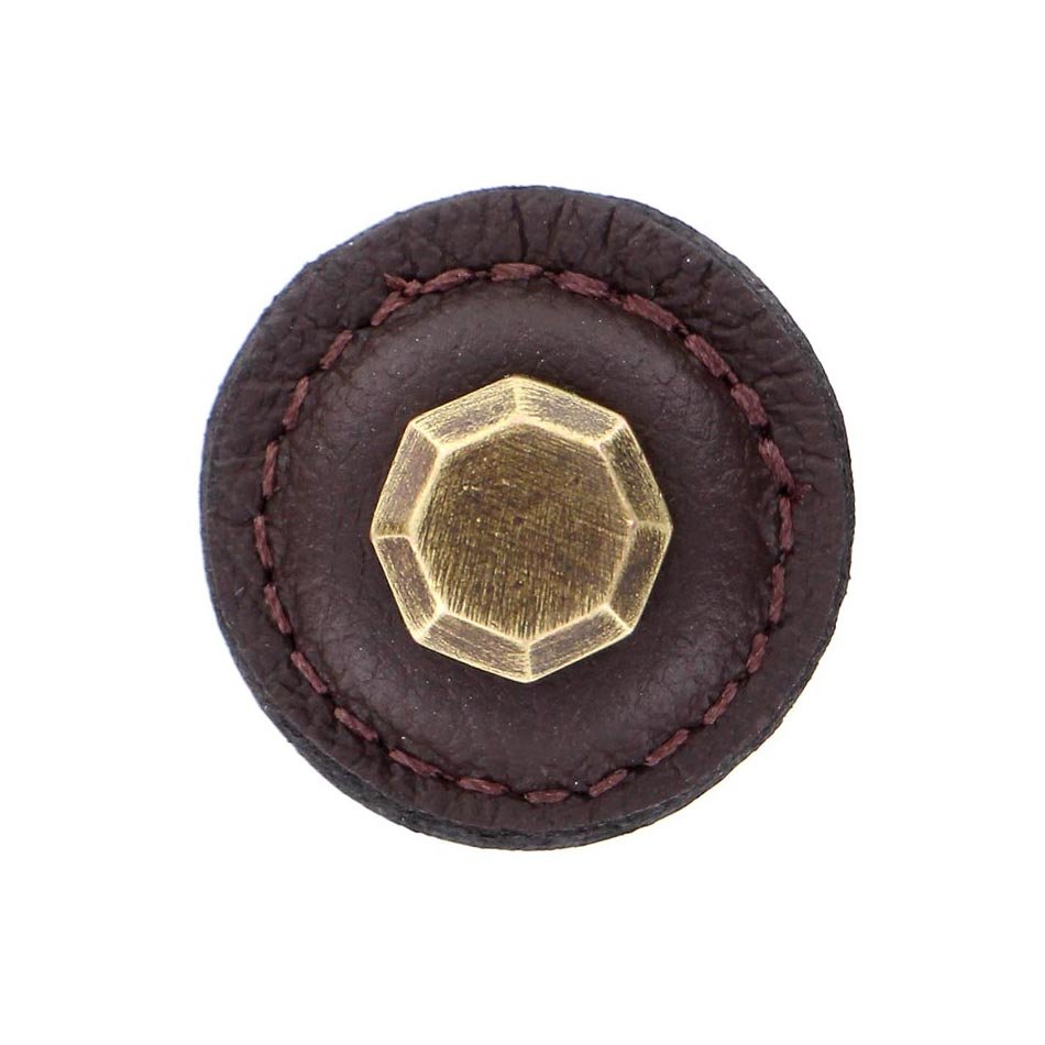 1 1/4" Round Knob with Leather Insert in Antique Brass with Brown Leather Insert