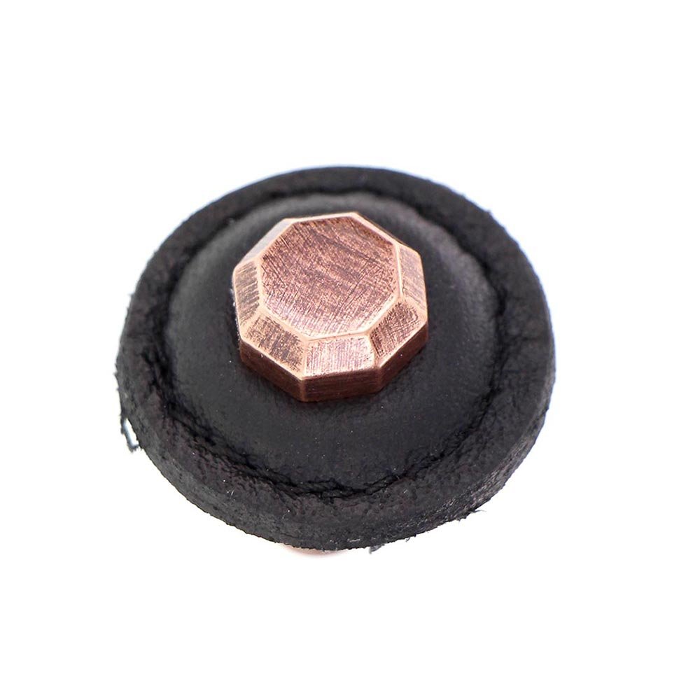 1 1/4" Round Knob with Leather Insert in Antique Copper with Black Leather Insert