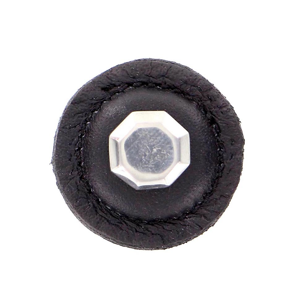 1 1/4" Round Knob with Leather Insert in Polished Nickel with Black Leather Insert