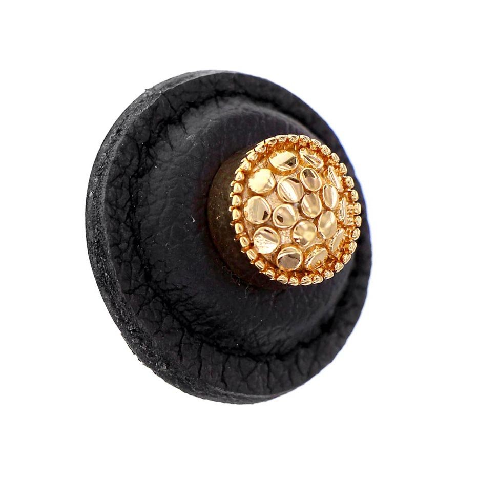 1 1/4" Round Knob with Leather Insert in Polished Gold with Black Leather Insert