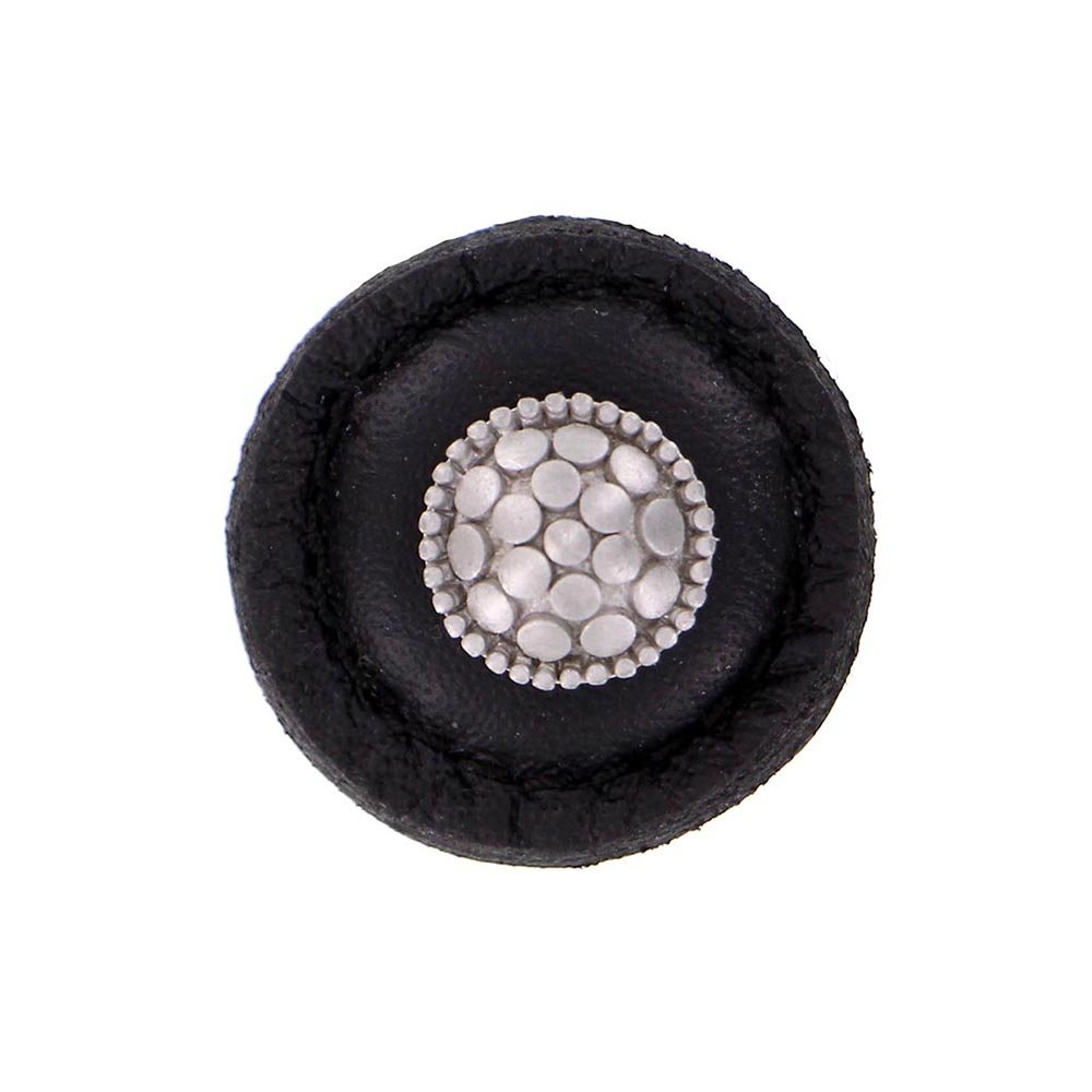 1 1/4" Round Knob with Leather Insert in Satin Nickel with Black Leather Insert
