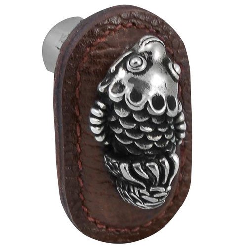 Leather Collection Pesci Knob in Brown Leather in Antique Silver