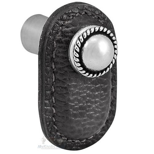 Leather Collection Cappello Knob in Black Leather in Antique Silver