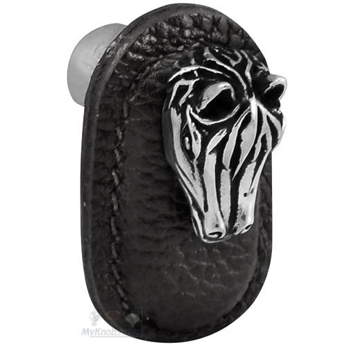 Leather Collection Cavallo Knob in Black Leather in Antique Silver