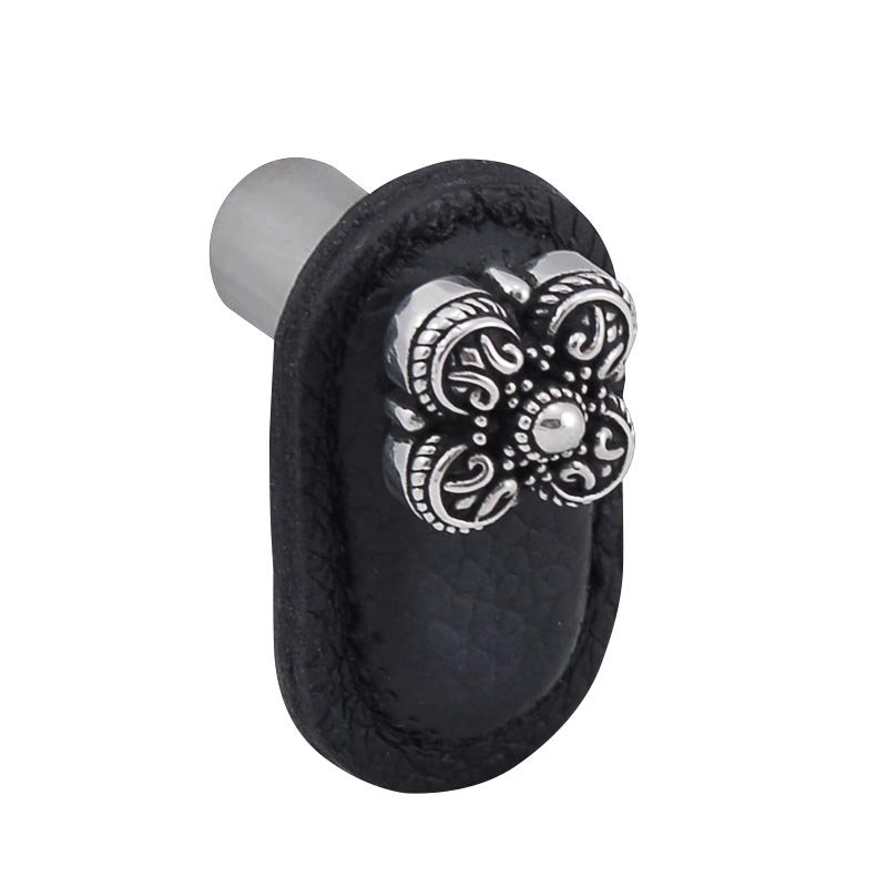 Leather Collection Napoli Knob in Black Leather in Antique Silver