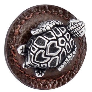 1 1/4" Round Turtle Knob with Leather Insert in Antique Silver with Brown Leather Insert