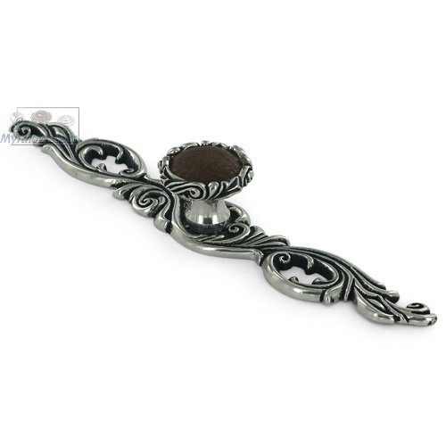 Viola with Brown Pebble Leather Insert Knob with Decorative Backplate in Antique Silver