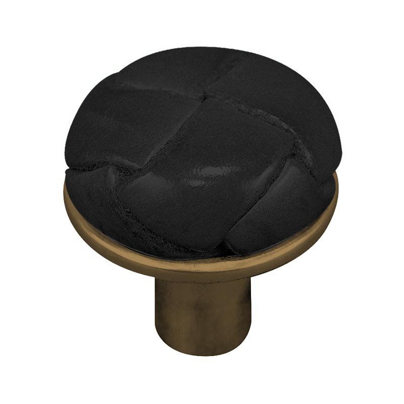 1 1/8" Button Knob with Leather Insert in Antique Brass with Black Leather Insert