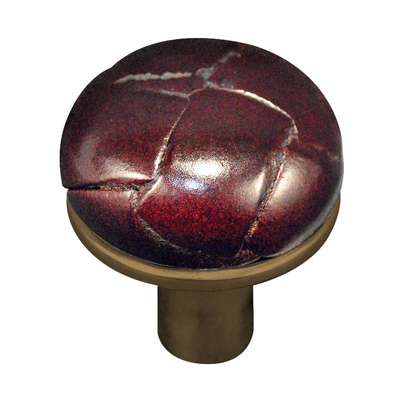1 1/8" Button Knob with Leather Insert in Antique Brass with Cordovan Leather Insert