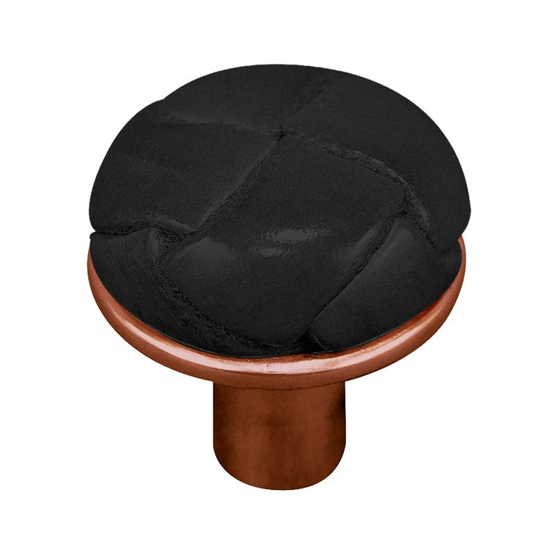 1 1/8" Button Knob with Leather Insert in Antique Copper with Black Leather Insert