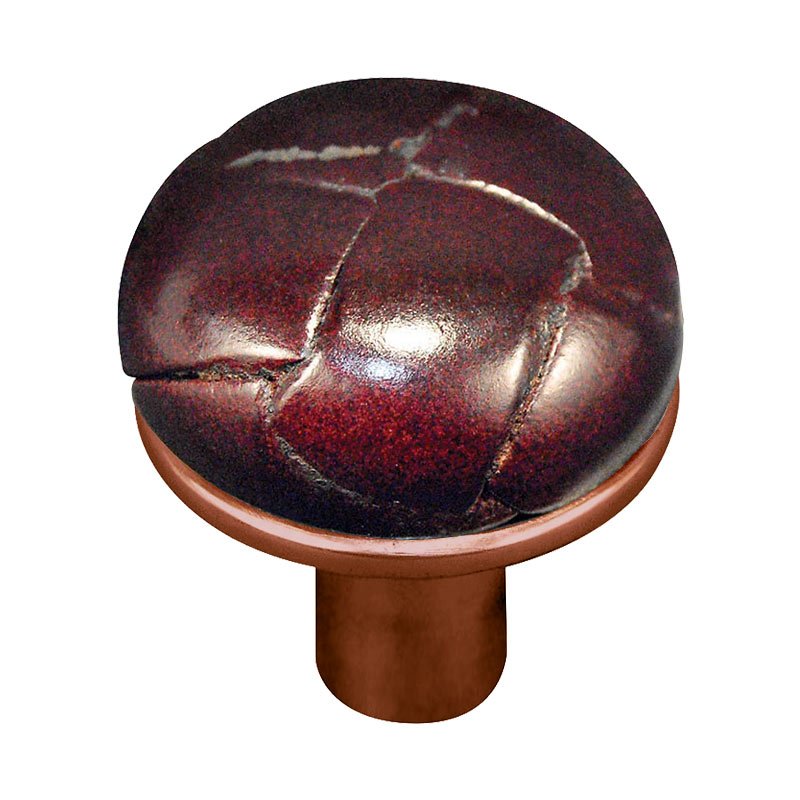 1 1/8" Button Knob with Leather Insert in Antique Copper with Cordovan Leather Insert