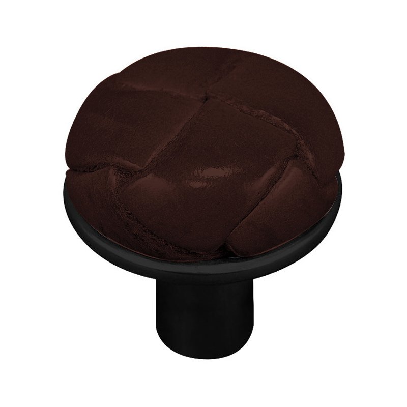 1 1/8" Button Knob with Leather Insert in Oil Rubbed Bronze with Brown Leather Insert