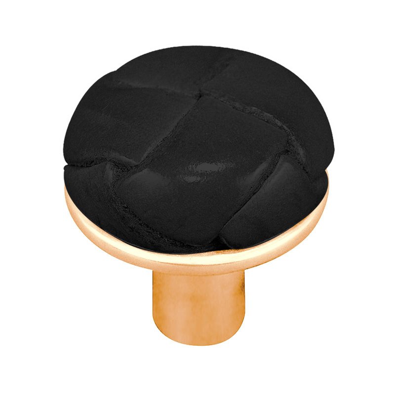 1 1/8" Button Knob with Leather Insert in Polished Gold with Black Leather Insert