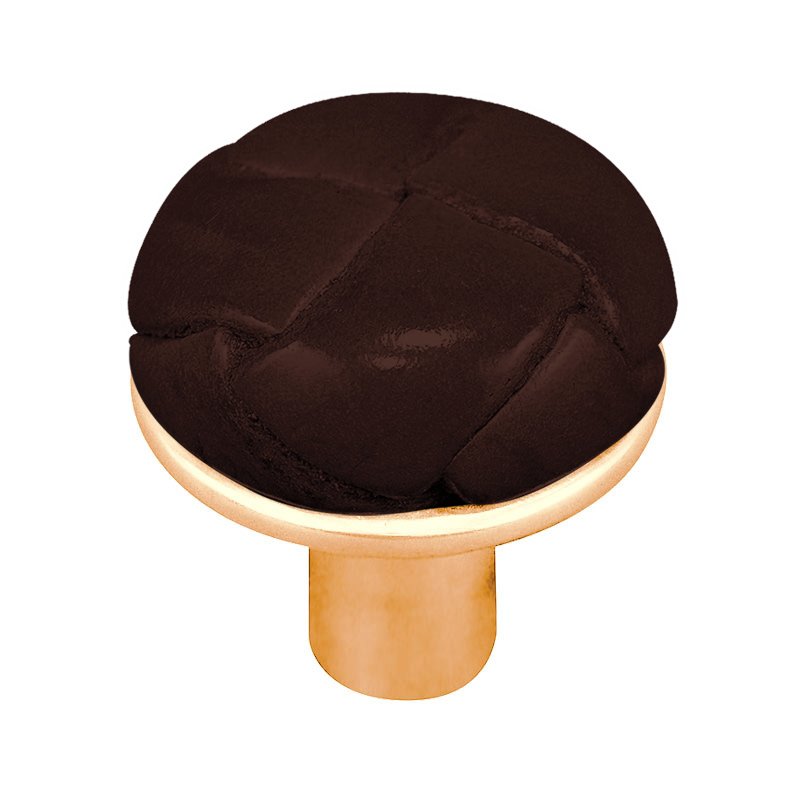 1 1/8" Button Knob with Leather Insert in Polished Gold with Brown Leather Insert