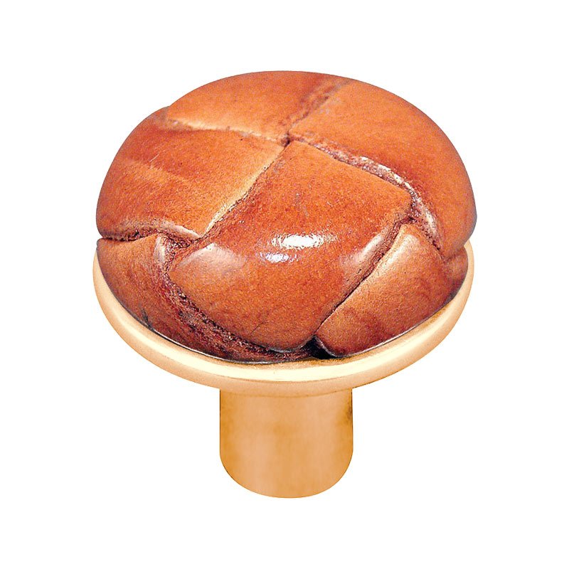 1 1/8" Button Knob with Leather Insert in Polished Gold with Saddle Leather Insert
