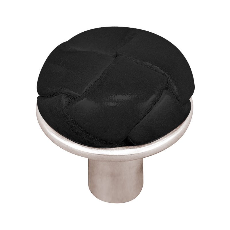 1 1/8" Button Knob with Leather Insert in Polished Nickel with Black Leather Insert