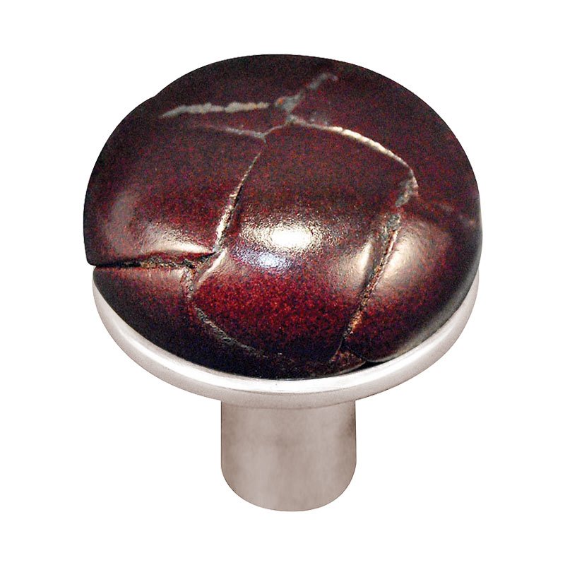 1 1/8" Button Knob with Leather Insert in Polished Nickel with Cordovan Leather Insert