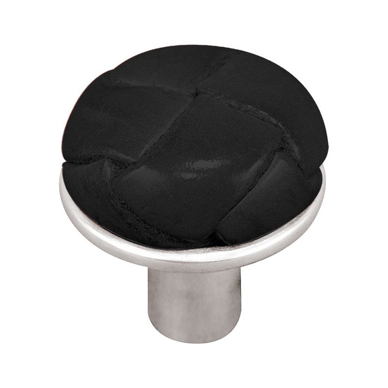 1 1/8" Button Knob with Leather Insert in Polished Silver with Black Leather Insert