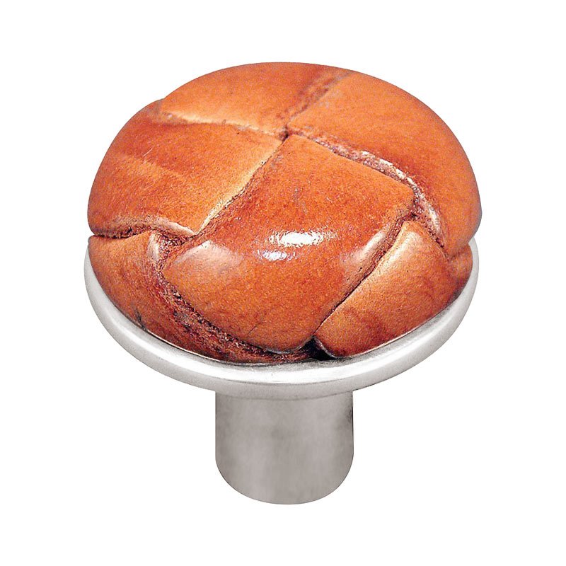 1 1/8" Button Knob with Leather Insert in Polished Silver with Saddle Leather Insert