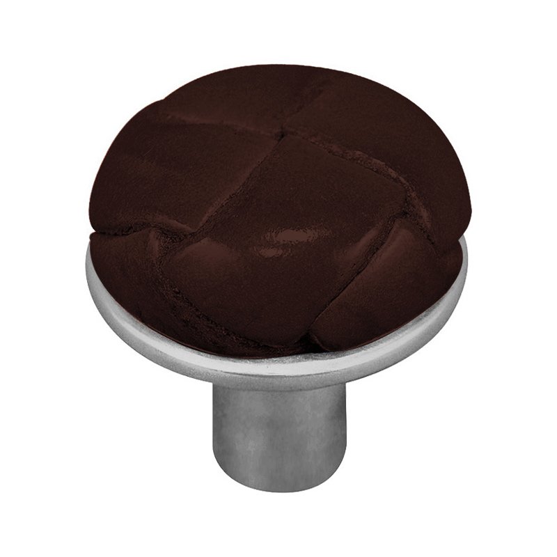 1 1/8" Button Knob with Leather Insert in Satin Nickel with Brown Leather Insert