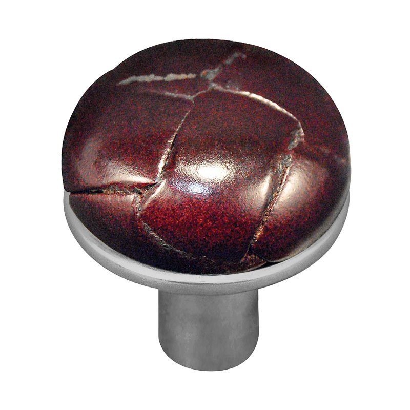 1 1/8" Button Knob with Leather Insert in Satin Nickel with Cordovan Leather Insert
