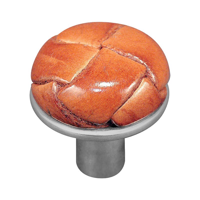 1 1/8" Button Knob with Leather Insert in Satin Nickel with Saddle Leather Insert
