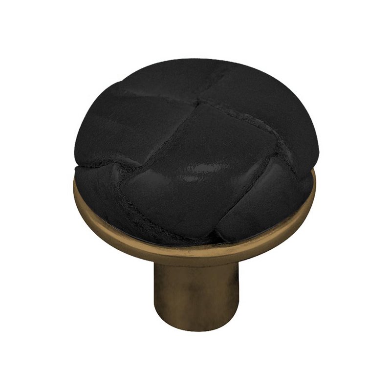 1" Button Knob with Leather Insert in Antique Brass with Black Leather Insert