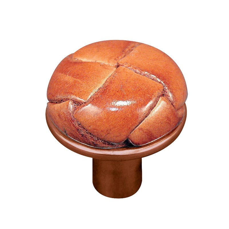 1" Button Knob with Leather Insert in Antique Copper with Saddle Leather Insert