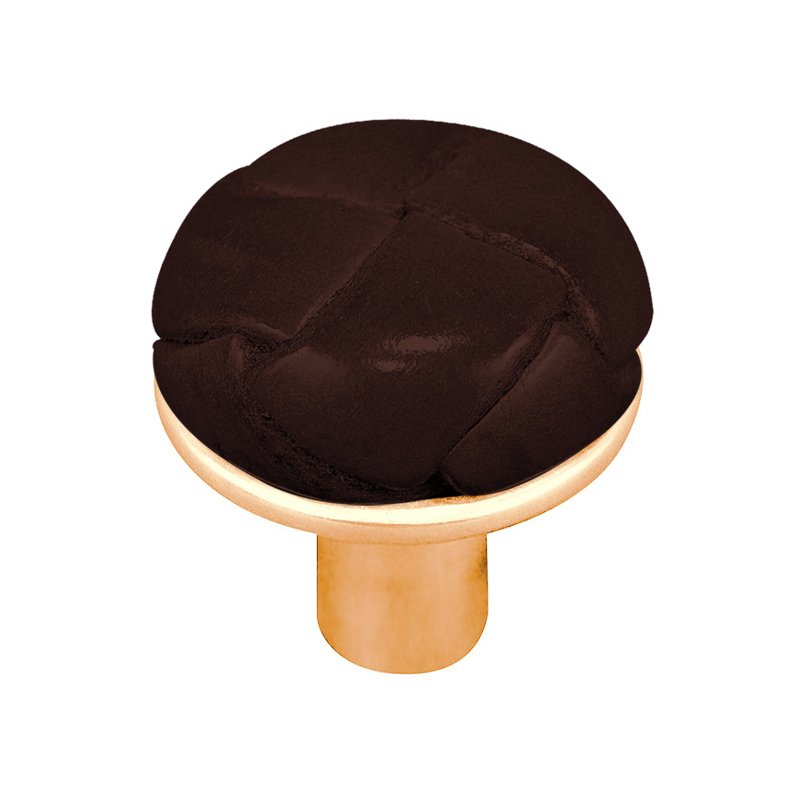 1" Button Knob with Leather Insert in Polished Gold with Brown Leather Insert
