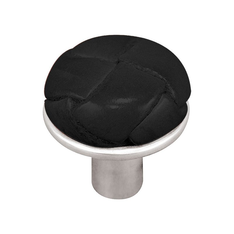 1" Button Knob with Leather Insert in Polished Silver with Black Leather Insert