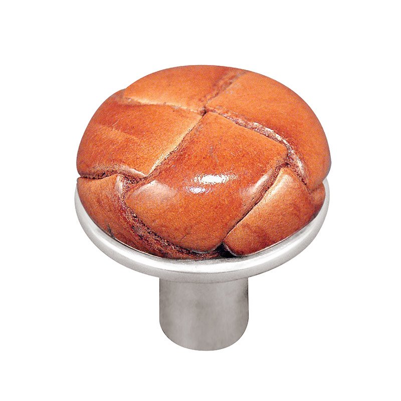 1" Button Knob with Leather Insert in Polished Silver with Saddle Leather Insert