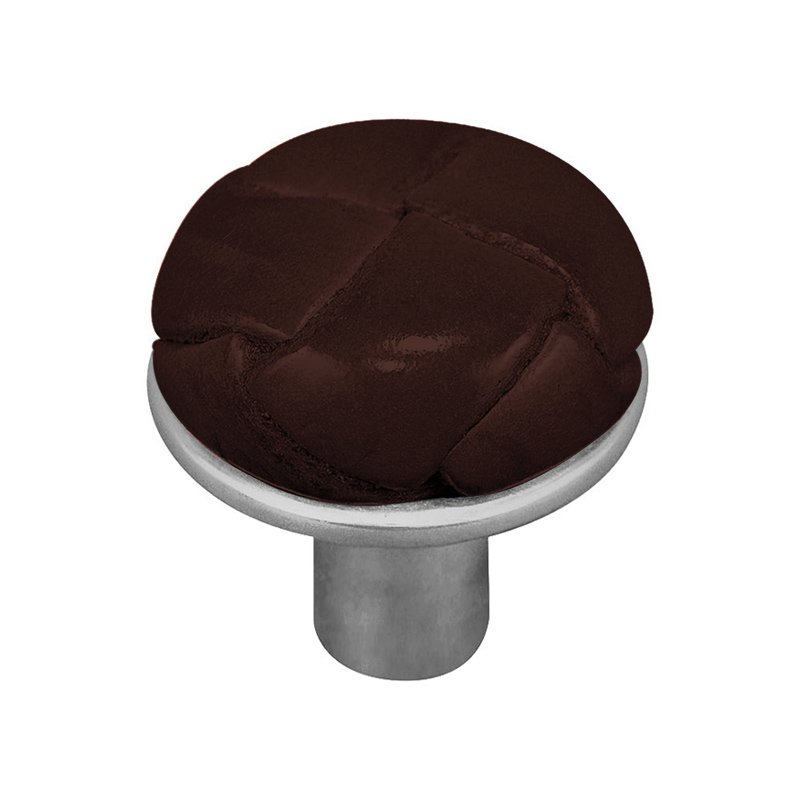 1" Button Knob with Leather Insert in Satin Nickel with Brown Leather Insert